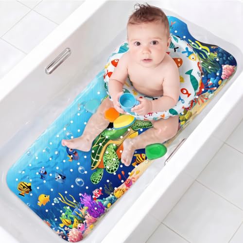 "Upgrade Cartoon Baby Bath Mat Non Slip - 40""x16"" Extra Long Bathtub Mat for Baby Eco Friendly Durable Bath Mat for Tub Non Slip Kids Tub Mat with Suction Cups, Machine Washable and No Fading, Turtle"