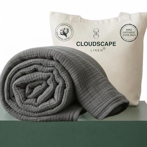 Cloud Scape Linen Cotton Blanket for Bed Soft Large 4 Layer Muslin Bed Blankets Lightweight Breathable Blanket All Season Gauze Blanket (Sharkskin, King)