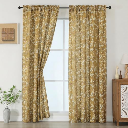 Chyhomenyc Linen Blend Window Curtains 63 Inch Length 2 Panels, Light Filtering Floral Printed Curtain Drapes for Living Room, Rod Pocket Soft Bedroom Curtain Panels, 38Wx63L Inch, Gold