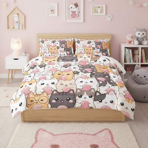 QOOMO Kawaii Cat Comforter Queen Size,Cats Bedding Set for Kids Teens Girls Boys,3Pcs Bedding Set Printed Comforter with 2 Pillowcases,Down Alternative,Soft and Lightweight,Queen Size