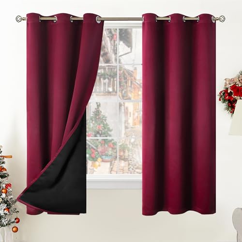 BGment Thermal Insulated 100% Blackout Curtains for Bedroom with Black Liner, Double Layer Full Room Darkening Noise Reducing Grommet Curtain (42 x 63 Inch, Burgundy Red, 2 Panels)