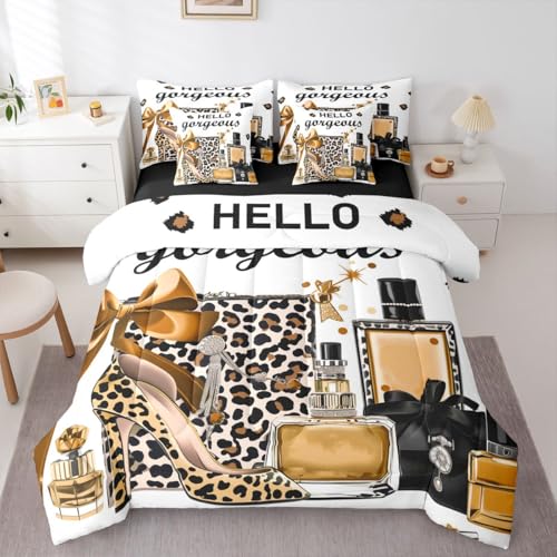 Erosebridal Brown Leopard Cheetah Print Bedding Set (King Size,7 Pieces) - Fashion Modern Luxury Comforter Set for Kids Girl Women Perfume High Heels Girly Bed Sets Trendy Stylish Girls Bed in A Bag