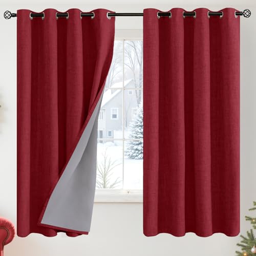 YoungsTex Burgundy Linen Blackout Curtains 63 Inch Length for Bedroom, Thermal Insulated Room Darkening Window Drapes with Grommet Christmas Decor for Living Room, 2 Panels, 52 X 63 Inch