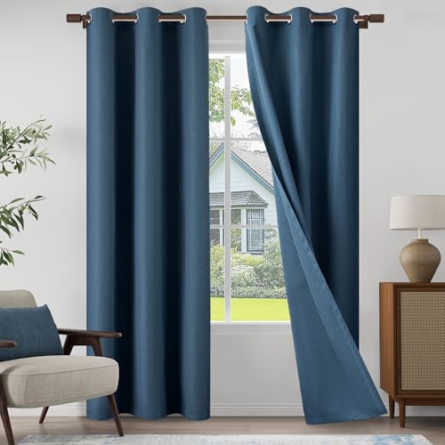 "OYRING Light Weight Curtains 100% Blackout Linen Textured Curtains 96 Inch Length for Living Room, Bedroom, Full Blackout Curtains with Grommets Top, Dark Blue, 37"" W x 96"" L, 2 Panels"