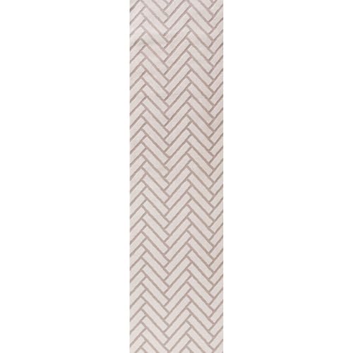 THE RUGS Living Room Rug, Loft Collection – Modern Textured 14mm Soft Pile Area Carpet, Non-Shedding & Easy Care [ Chevron Beige, 80x300 cm]