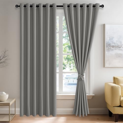 JIUZHEN Light Grey Blackout Curtains with Tiebacks Thermal Insulated, Light Blocking Noise Reducing Grommet Curtains for Bedroom and Living Room, Set of 2 Window Curtain Panels, 70 x 84 Inch Length