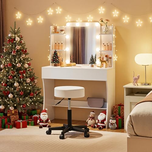 Yaheetech Dressing Table with Mirror and 10 LED Lights, Vanity Desk with 3 Colour Modes, Makeup Desk with Drawer and 5 Storage Shelves for Bedroom, Living Room, 90 x 40 x 136 cm, White