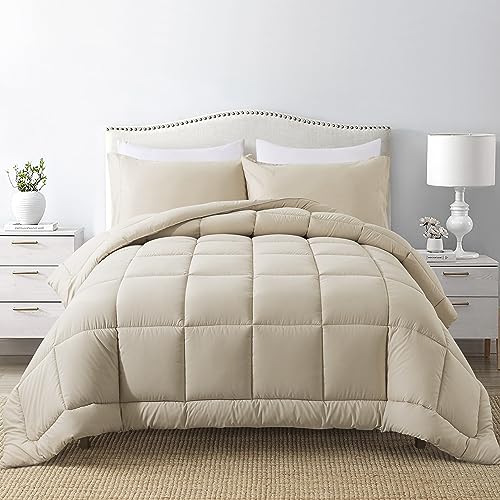 DOWNCOOL - All Season Full Comforter Set with 2 Pillow Shams - 3 Pieces Down Alternative Comforter Set Beige 82x86 Inches