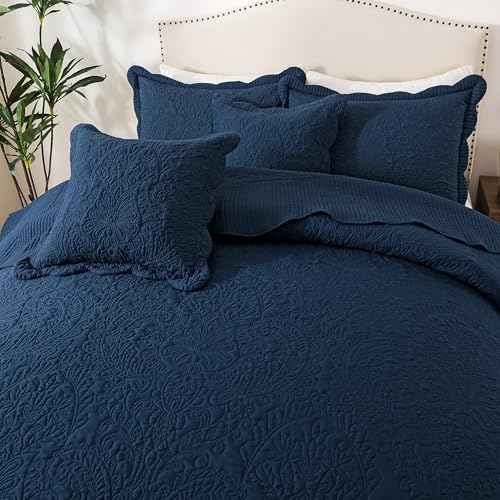 HoneiLife Oversized King Bedspreads 128x120 - California King Quilts 4-Piece, Cal King Quilt Sets,Rustic Bedding Sets King Size,Reversible Coverlets Lightweight Bedlinen Set for All Season Use-Navy