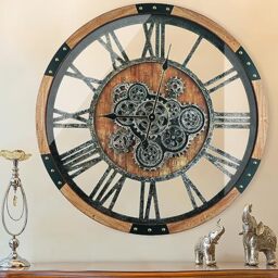 TOPPTIK 27 Inch Moving Gear Wall Clock, Oversized Wall Clocks, Clock Living Room Decor, Solid Wood Frame, Battery Operated, Large Wall Clock with Steampunk Industrial for Fireplace(Brown)