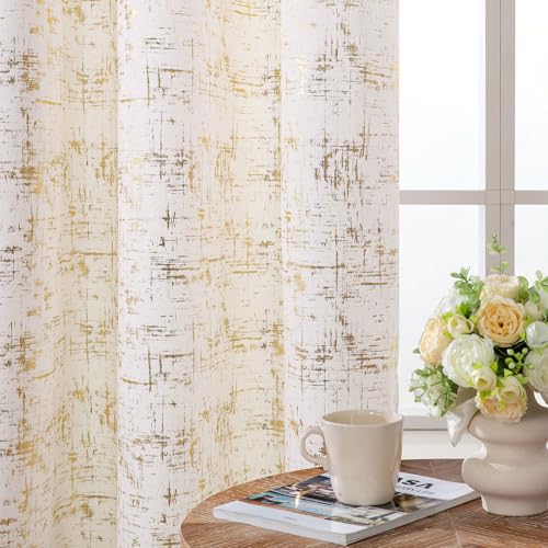 L.Z.E Cream Gold Velvet Curtains for Bedroom 63 Inch Length Light Filtering Privacy Curtains for Living Room Luxury & Soft Non-See-Through Drapes with Grommet Printed Gold Foil Pattern 2 Panels Set