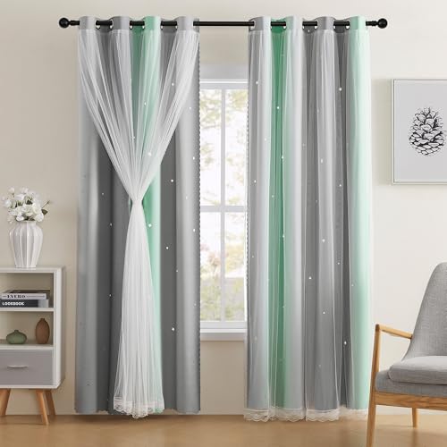 XiDi Green Grey Curtains for Girls Bedroom Decor Kids Blackout Curtains for Nursery Room Darkening Rainbow Princess Unicorn Wall Decals Little Girl Grommet Top 52x45 Inches Long 2 Panels Set