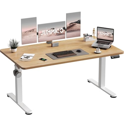 JUMMICO Electric Standing Desk 140 x 60 cm Home Office Height Adjustable Desk, Computer Lift Table with Smart Panel, Sit Stand Desk with Height Memory, Beige