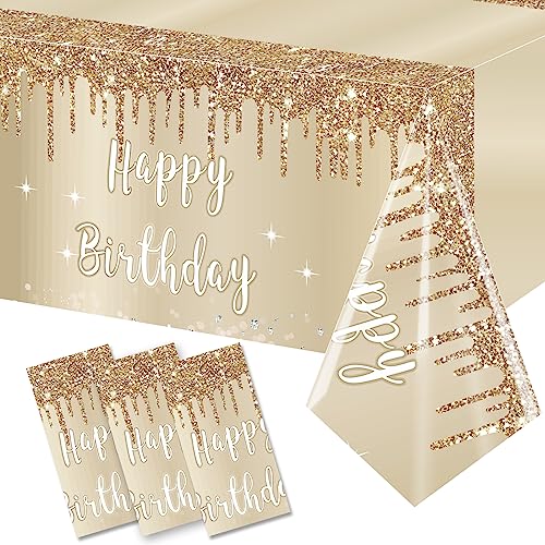 3 Packs Gold Happy Birthday Tablecloths Decorations for Women Girls, White Gold Birthday Table Cover Party Supplies, 18th 21st 30th 40th 50th Birthday Disposable Plastic Rectangle Table Cloth Decor
