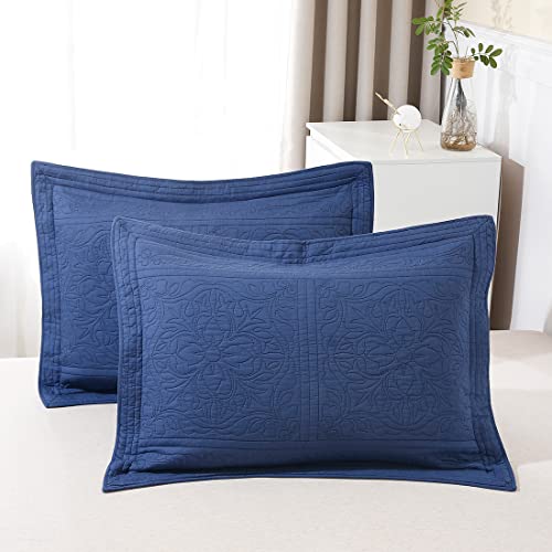 WINLIFE 100% Cotton Quilted Pillow Sham Floral Printed Pillow Cover (King, Navy Blue)