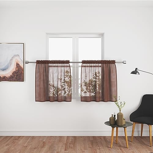 UPOPO Coffee Brown Sheer Tier Curtains 30 inches Long Voile Kitchen Tiers Linen Textured Cafe Curtains Bathroom Basement Short Small Curtain Panels for Door Half Window Curtains 2 Panels Rod Pocket