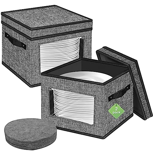 homyfort 12x 12 Dinnerware Storage Box With Lid and Handles, China Storage Container for Dishes with 12 Felt Dividers, Hold 24 Plates, Set of 2, Grey