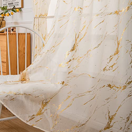 "Sutuo Home Marble Ivory Sheer Curtains 96 Inches Long, Gold Foil Print Metallic Bronzing, Privacy Window Treatment Decor Abstract Drape Pair 2 Panels Set for Bedroom Kitchen Living Room 52"" W x 96"" L"