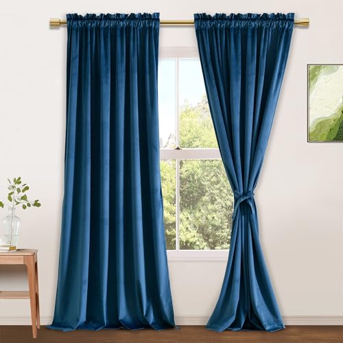 JIUZHEN Navy Velvet Curtains 90 inch Length 2 Panels Soft Thick Blackout Thermal Insulated Window Curtains Home Deco Room Darkening Rod Pocket Window Drapes for Bedroom, W52 x L90 inches