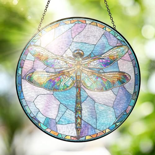 FLAGWIX Dragonfly Stained Glass Suncatcher, 10 in Window Hanging - 10 in Dragonfly Stained Glass Suncatcher, Christmas Window Decor, Garden Gifts and Yard Decorations Outdoor