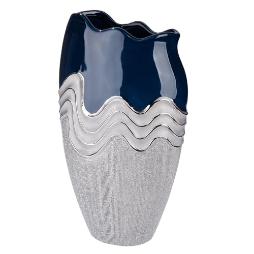 GILDE Wavy Vase Ceramic Conical Height 39 cm x Width 22.5 cm Dark Blue Silver Glazed Textured Waterproof Flower Vase