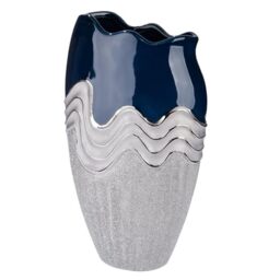 GILDE Wavy Vase Ceramic Conical Height 39 cm x Width 22.5 cm Dark Blue Silver Glazed Textured Waterproof Flower Vase