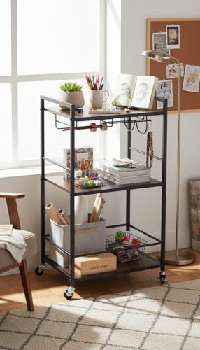FurnitureR 3-Tier Rolling Kitchen Trolley Cart, 84 x 43 x 33 cm, Industrial Wood and Metal, with Hooks,Wine Holder