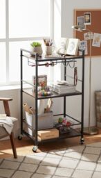FurnitureR 3-Tier Rolling Kitchen Trolley Cart, 84 x 43 x 33 cm, Industrial Wood and Metal, with Hooks,Wine Holder
