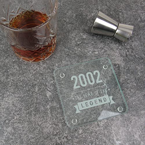 eBuyGB Engraved Square Glass Coaster -2002 Year of The Legend Design - 21st Birthday Gifts for Him, Men - Gift for Son, Brother, Friend, Cousin - Drinks Mat, Placemat