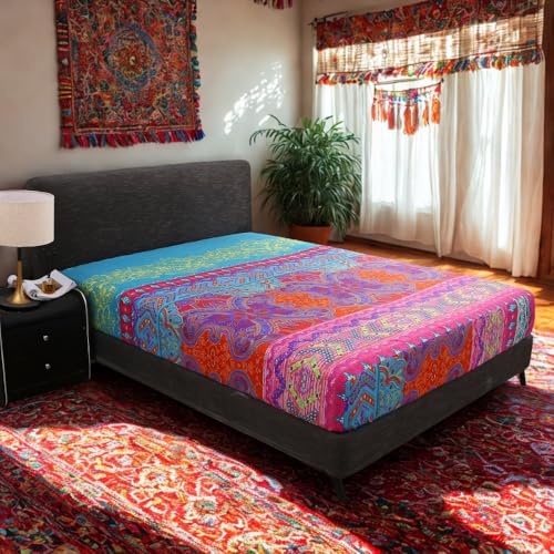 "Bohemian Fitted Sheet Full Size - 15"" Deep Pocket Wrinkle-Resistant Microfiber Bed Sheet - All-Season Elastic Mattress Cover with Artistic Floral Design, Boho Red"