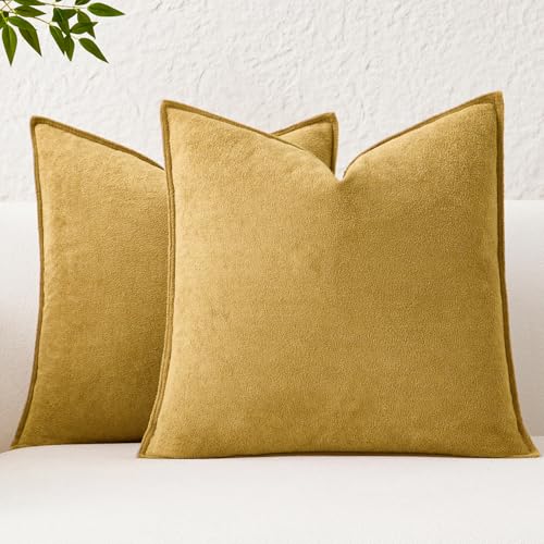 Kevin Textile Waterproof Decorative Pillow Covers Mustard Yellow 26x26 Inch Pack of 2 Soft Boucle Textured Euro Pillowcases Elegant Accent Pillows for Couch Sofa Chair Bed Home Decor Indoor Outdoor
