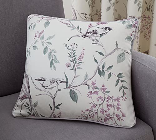 Dreams & Drapes - Natural Floral & Bird Cushion (43 x 43cm) - Filling Included - 100% Cotton - Piped Edge - Purple Lavender Cushion with Cover Included/Cushion Insert - Matching Curtains Available