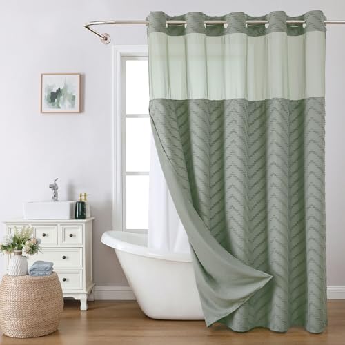 eachope Extra Long No Hook Tufted Chevron Striped Shower Curtain with Snap-in Fabric Liner set-71Wx86H(84H),Sage Green Hotel Grade Boho Style Shower Curtain,Water Repellent
