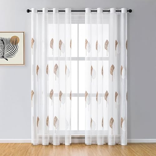 BYSURE Set of 2 curtain leaves embroidery with eyelets, voile, flower curtains, 140 x 225 cm, coffee