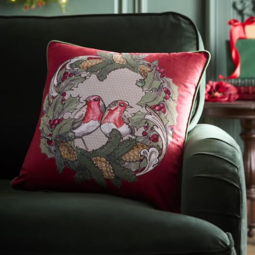 House of Llewelyn-Bowen Festive Robin Red Filled Cushion, 43 x 43cm, Recycled Polyester, Microfibre Pad