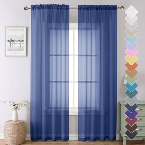 Lecloud Royal Blue Sheer Curtains 90 Inch Long 2 Panels, Living Room Curtains with Dual Rod Pocket, Voile Airy Sheer Long Curtains for Bedroom Window Treatments, Each Panel 42 X 90 Inch