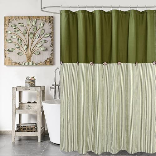 DOSLY ID??ES Farmhouse Shower Curtain,Green and Green Stripe,Button Curtain,Cotton Blend Fabric,Rustic Charm Country Chic Style,72x72 in