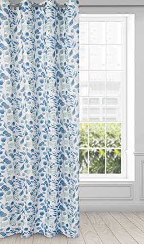 Eurofirany ROSALI Microfibre Curtain with Floral Pattern and Eyelets 140 x 250 cm Airy Light Semi-Transparent Patterned White and Blue