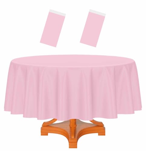 HEIPINIUYE 2 Pack Pink Tablecloth Round 84 Inch Round Plastic Table Cloth Waterproof Disposable Round Table Cover for Party Birthday Camping Picnic Baby Shower Circle Tablecloth