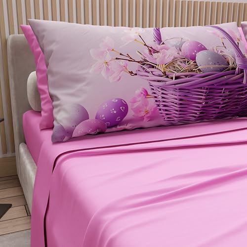 PETTI Artigiani Italiani - Easter Cotton Sheets with Pillowcases in Digital Print, Double Bedsheets, Easter Double Bed Set, 20 Pink, Made in Italy