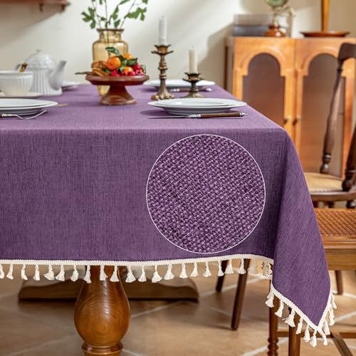 AmHoo Linen Blend Tablecloth Table Cloth 280 GSM Stitching Tassel Rectangle Decorative Natural Table Cover for Kitchen Dinning Wedding Buffet 55??120 inch Purple