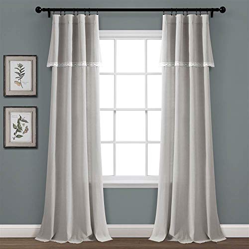 "Lush Decor, Light Gray Linen Lace Window Curtain Panel Pair, 84"" x 38"", 84 in x 38"