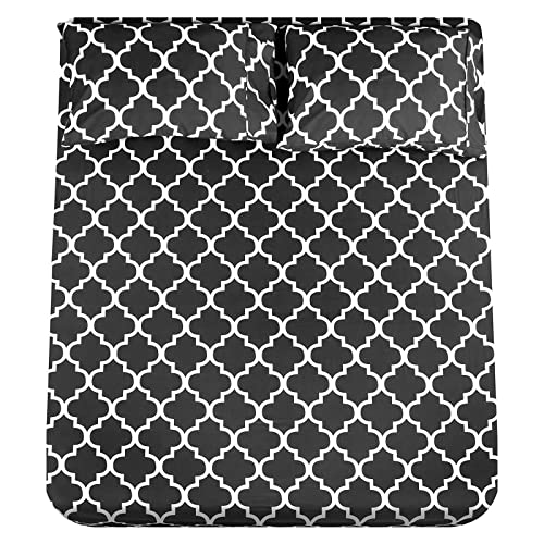 Mejoroom Full Bed Sheet Set - Super Soft Brushed Microfiber 1800 Thread Count Sheets with 16inches Deep Pocket - Wrinkle Free - 4 Piece(Full, Black Quatrefoil with White Pattern)