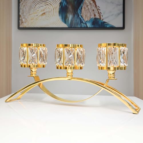 kolnlala 3 Arms Crystal Bowl Tealight Candelabra Votive Candle Stand, Wedding centerpieces for Tables Crystal Candlestick???Centerpiece Table Decorations (Pure Gold)