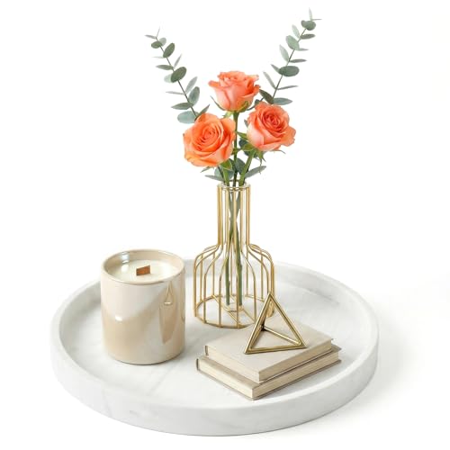 Round Marble White Silicone Decorative Bathroom Vanity Tray 9.06 Inch, Counter Tray for Bathroom Countertop Perfume Holder Dresser Organizer Coffee Table Candle, Non-Slip Durable for Home Use