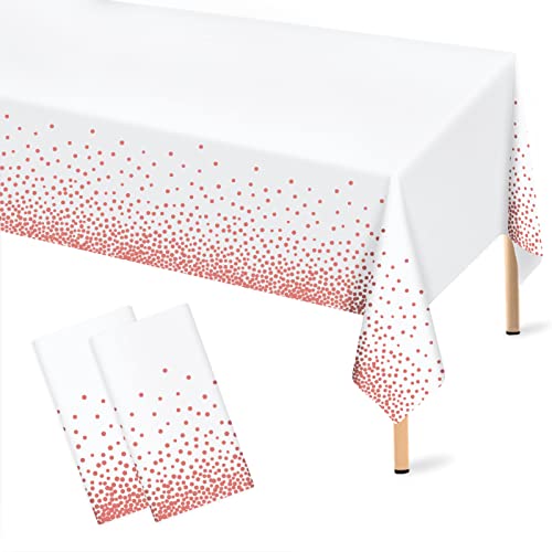 Rose Gold Polka Dot White Tablecloth, 2 Pcs Disposable Plastic Table Cloths, Rose Gold Confetti Table Cover for Birthday Parties Wedding Anniversary Baby Shower Fine Dining Decor 54 ?? 108 inches
