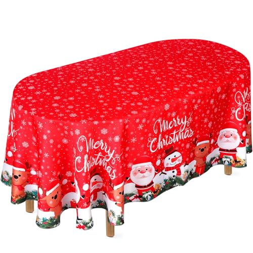 VitalCozy Oval Christmas Tablecloth, 60 x 84 Inches Santa Snowman Waterproof Christmas Table Cloth Polyester Wrinkle Resistant Deer Snowflakes Tablecloth for Xmas Winter Decor Holiday Decoration