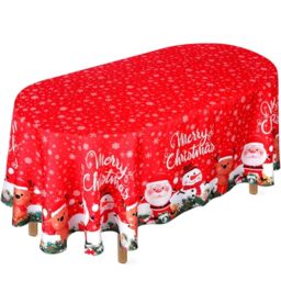 VitalCozy Oval Christmas Tablecloth, 60 x 84 Inches Santa Snowman Waterproof Christmas Table Cloth Polyester Wrinkle Resistant Deer Snowflakes Tablecloth for Xmas Winter Decor Holiday Decoration
