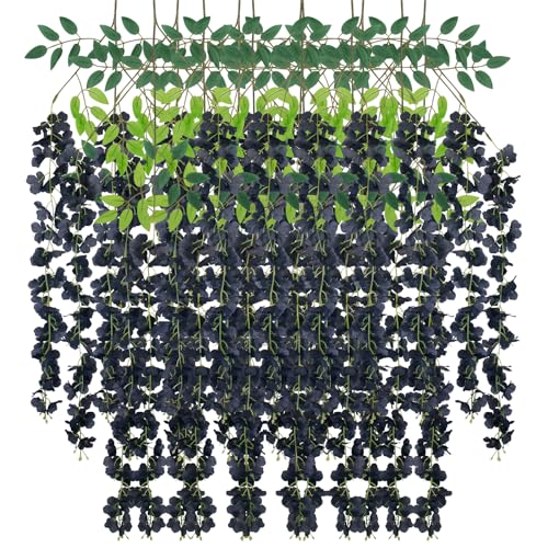 LUZOGA 12 Pack Artificial Wisteria Hanging Flowers Fake Wisteria Flower Garland Silk Vines Rattan Decor for Home Wedding Arch Wall Garden Greenery Bedroom Outdoor Office Party Decoration (Black)