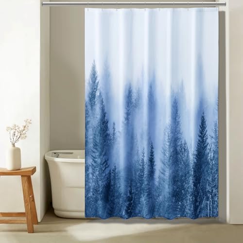 "ORTIGIA Blue Misty Forest Shower Curtains,Nature and Woodland Shower Curtain,Fantasy Fog Magic Winter Tree Bath Curtain for Bathroom,Waterproof Polyester Fabric 60"" Wx72 L-with Hooks"